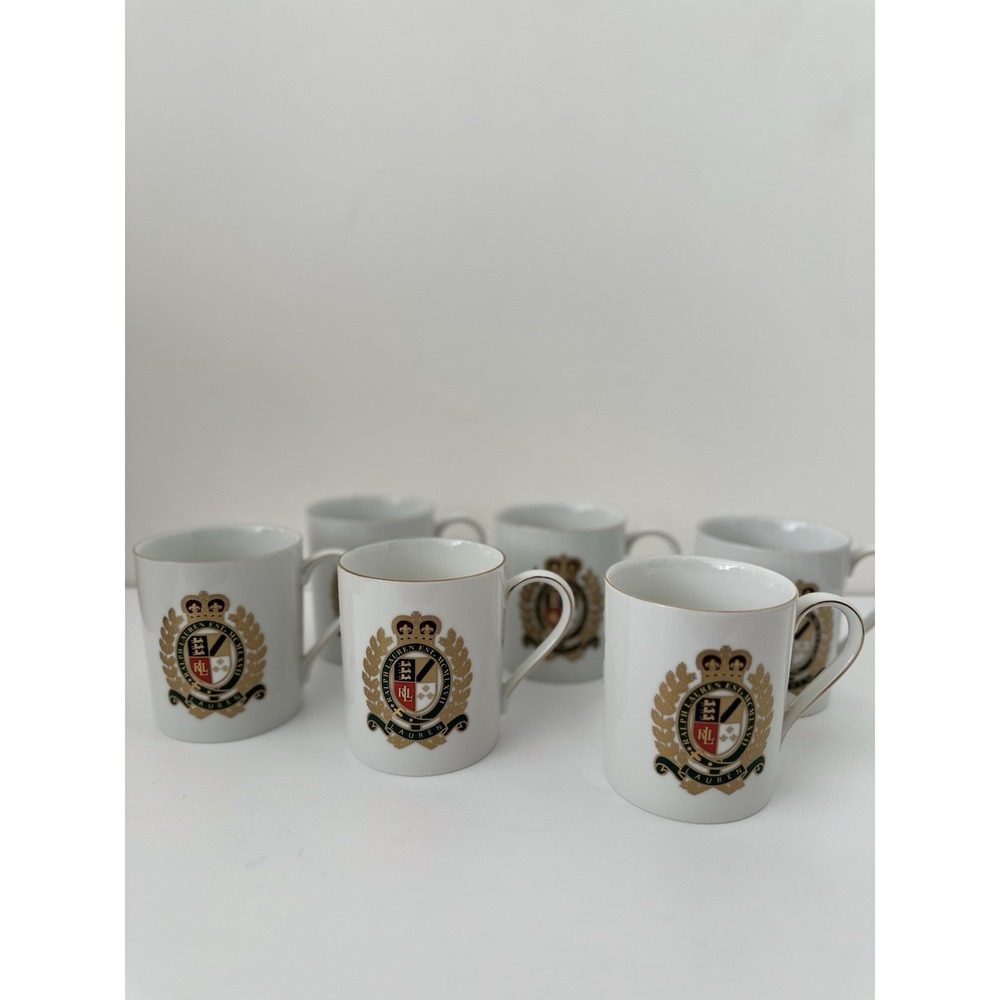 6 VTG Ralph Lauren Mug Estate Crest Coffee Tea White Porcelain Gold Trim Shield